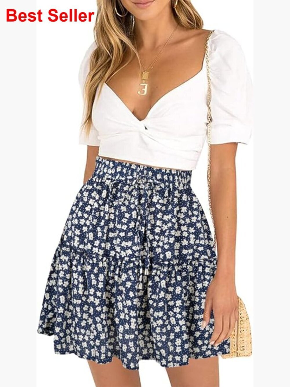 High Waisted Floral Mini Skirt Drawstring Boho Print Ruffle Summer